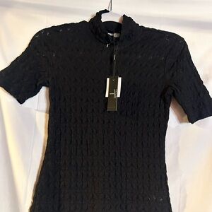 Tahari Black Ribbed Polo Short Sleeve Tee